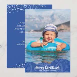 Blue Linen Filigree Photo Christmas Holiday Card