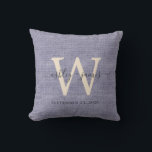 Blue Linen Ivory Monogram Wedding Keepsake Cushion<br><div class="desc">Elegant wedding keepsake blue woven linen effect pillow with your text in dark grey chic handwritten script calligraphy. Simply add your names, monogram and wedding date. Great gift for a newlywed couple. Exclusively designed for you by Happy Dolphin Studio. If you need any help or matching products, please contact us...</div>