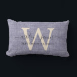 Blue Linen Ivory Monogram Wedding Keepsake Lumbar Cushion<br><div class="desc">Elegant wedding keepsake blue woven linen effect pillow with your text in dark grey chic handwritten script calligraphy. Simply add your names, monogram and wedding date. Great gift for a newlywed couple. Exclusively designed for you by Happy Dolphin Studio. If you need any help or matching products, please contact us...</div>