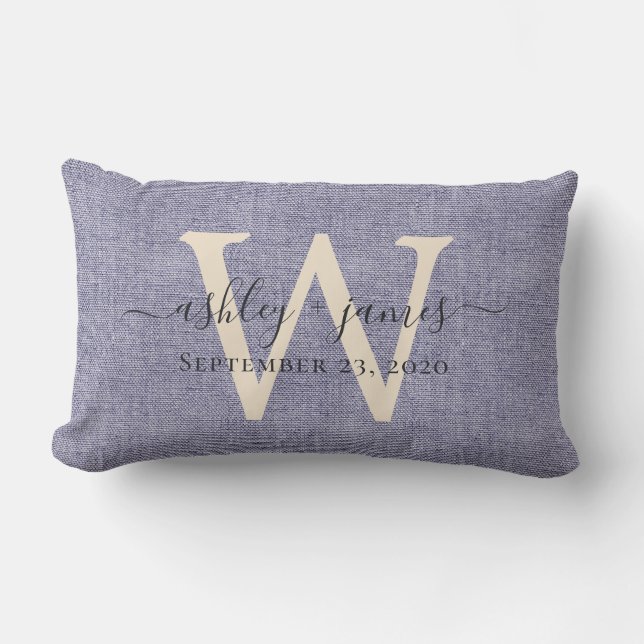 Blue Linen Ivory Monogram Wedding Keepsake Lumbar Cushion (Front)