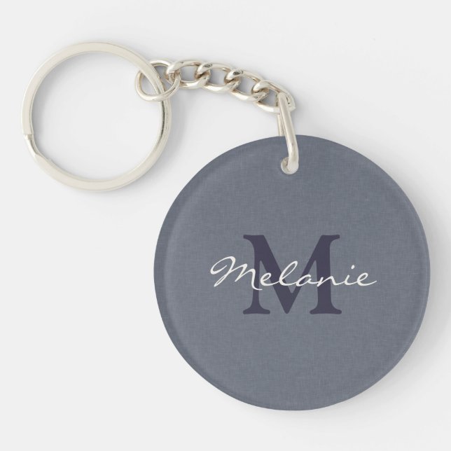 Blue Linen Monogram Name Acrylic Key Ring (Front)