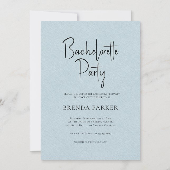 Blue Linen Simple Black Script Bachelorette Party Invitation (Front)