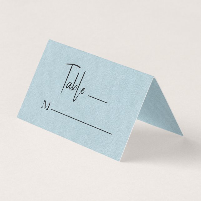 Blue Linen Simple Black Script Wedding Place Card (Front)