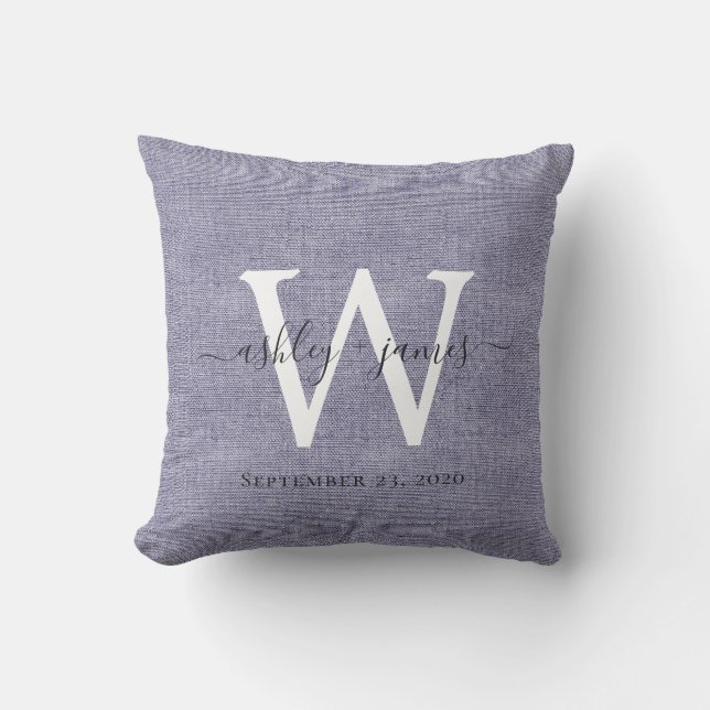 Blue Linen White Monogram Wedding Keepsake Cushion (Front)