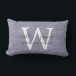Blue Linen White Monogram Wedding Keepsake Lumbar Cushion<br><div class="desc">Elegant wedding keepsake blue woven linen effect pillow with your text in dark grey chic handwritten script calligraphy. Simply add your names, monogram and wedding date. Great gift for a newlywed couple. Exclusively designed for you by Happy Dolphin Studio. If you need any help or matching products, please contact us...</div>