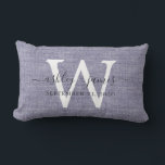 Blue Linen White Monogram Wedding Keepsake Lumbar Cushion<br><div class="desc">Elegant wedding keepsake blue woven linen effect pillow with your text in dark grey chic handwritten script calligraphy. Simply add your names, monogram and wedding date. Great gift for a newlywed couple. Exclusively designed for you by Happy Dolphin Studio. If you need any help or matching products, please contact us...</div>