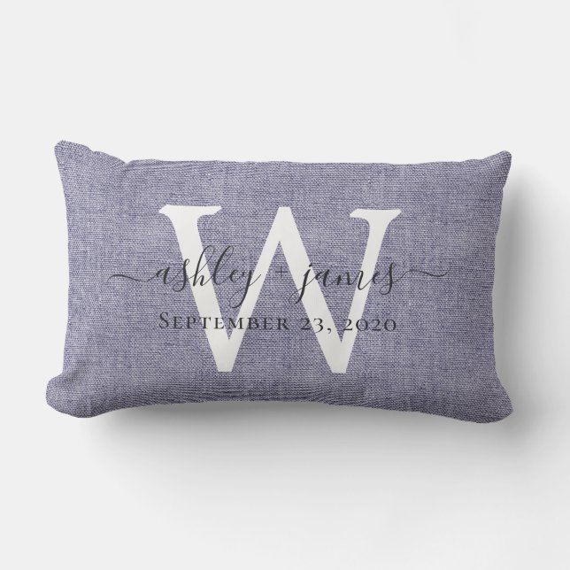 Blue Linen White Monogram Wedding Keepsake Lumbar Cushion (Front)