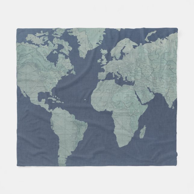 Blue Linen World Map Fleece Blanket (Front (Horizontal))