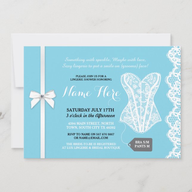 Blue Lingerie Shower Invite Lace Bridal Party (Front)