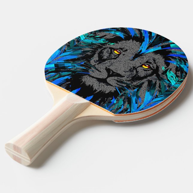 Blue Lion Head - Lion Ping Pong Paddle (Front Angle)