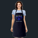 Blue Lion Menorah Apron<br><div class="desc">A blue,  lion-themed Chanukkah menorah with lit candles superimposed on a starry background. Add your own text.</div>