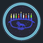 Blue Lion Menorah Classic Round Sticker<br><div class="desc">A blue,  lion-themed Chanukkah menorah with lit candles on a starry background.</div>