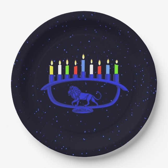 Blue Lion Menorah Paper Plate (Front)