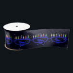 Blue Lion Menorah Satin Ribbon<br><div class="desc">Features a lion-themed Chanukkah menorah,  superimposed on a starry background,  with all eight candles and the shamash burning. Chanukkah is the mid-winter "Festival of Lights."</div>