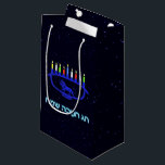 Blue Lion Menorah Small Gift Bag<br><div class="desc">Features a lion-themed Chanukkah menorah with all eight candles and the shamash burning. Chanukkah is the mid-winter "Festival of Lights." Hebrew text reading "Chag Chanukkah Sameach" (Happy Hanukkah) also appears in glowing blue and white text .</div>