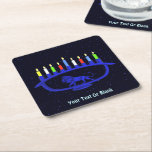 Blue Lion Menorah Square Paper Coaster<br><div class="desc">A blue, lion-themed Chanukkah menorah with lit candles superimposed on a starry background. Add your own text.</div>