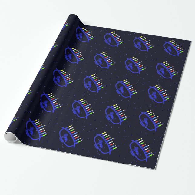 Blue Lion Menorah Wrapping Paper (Unrolled)