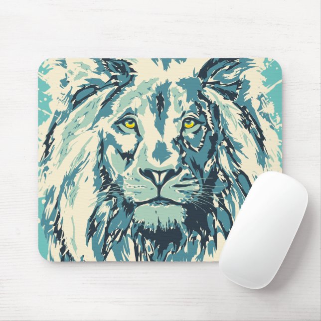 Blue Lion Mouse Pad - Blue Retro Lion Head (With Mouse)