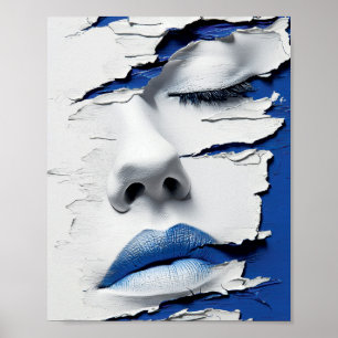 Blue Lips Girl Beneath Cracked Paint Poster