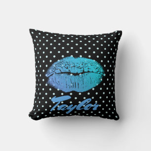 Blue Lips Kiss Black and blue polka dot pattern Cushion
