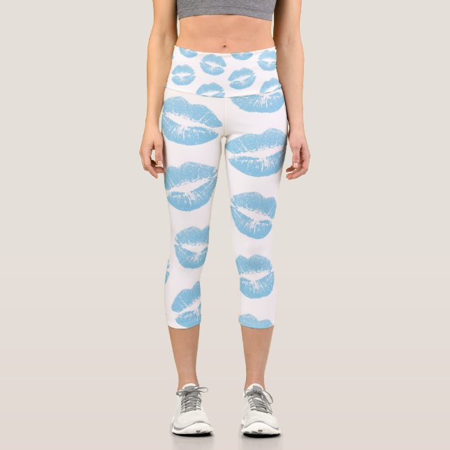 Blue Lips, Pattern Of Lips, Blue Lipstick, Kiss Capri Leggings (Front)