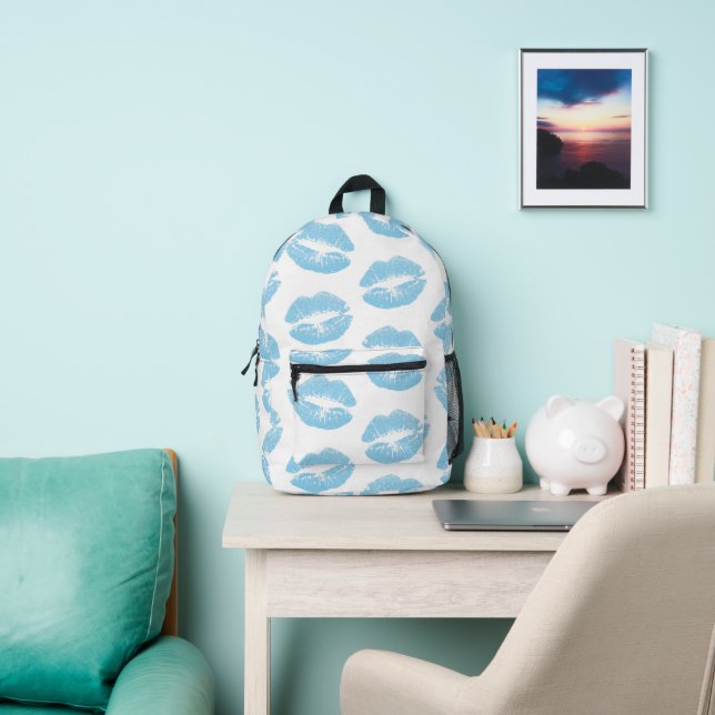 Blue Lips, Pattern Of Lips, Blue Lipstick, Kiss Printed Backpack (Insitu)