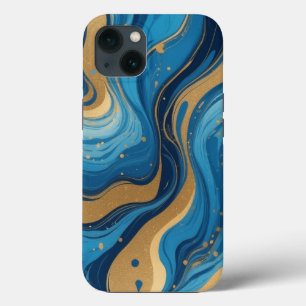 Blue liquid and with drops and golden glitter iPhone 13 case