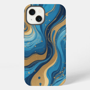 Blue liquid and with drops and golden glitter iPhone 13 case