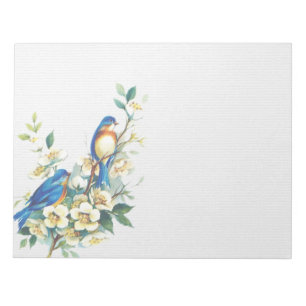 Blue Little Birds on White Flower Branch Notepad
