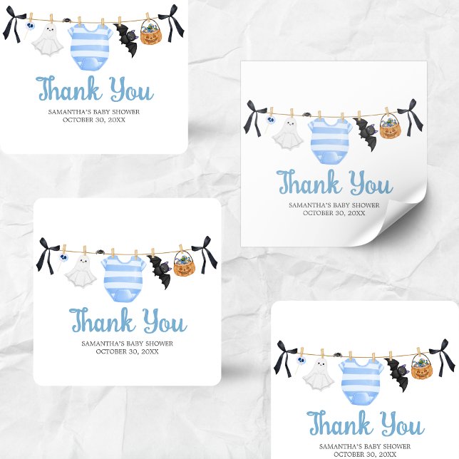Blue Little Boo Baby Shower Square Sticker (Boy Little Boo Halloween Clothesline Baby Shower Sticker)
