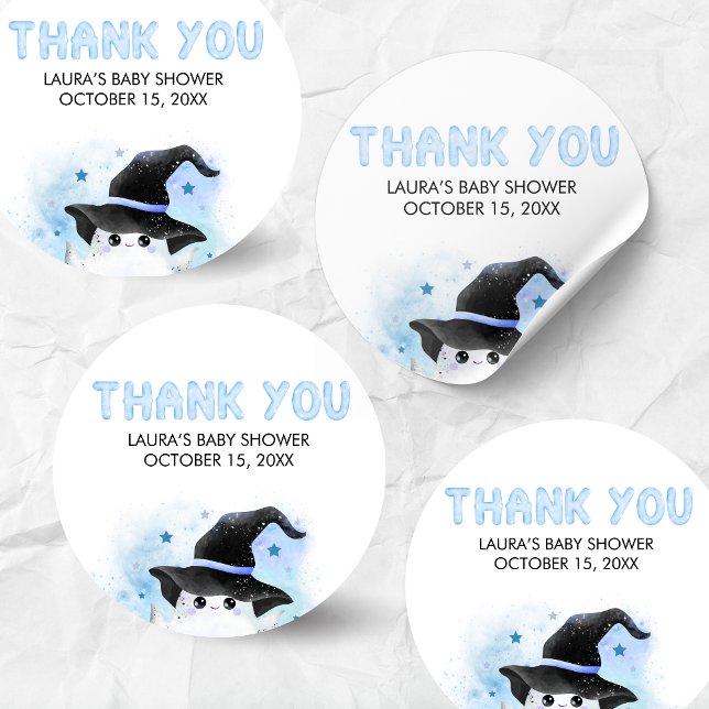 Blue Little Boo Ghost Witch Baby Shower Classic Round Sticker (Little Boo Baby Shower Sticker)