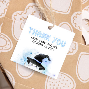 Blue Little Boo Ghost Witch Baby Shower Square Favour Tags