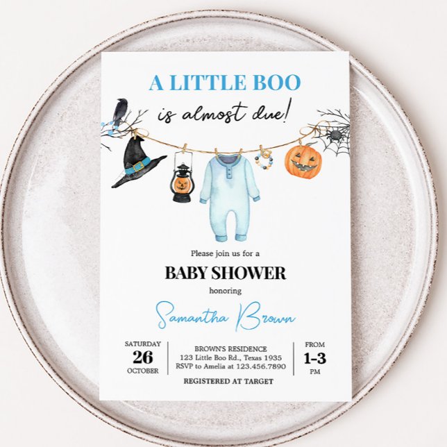 Blue Little Boo Halloween Baby Shower Invitation (Halloween Baby Clothes Baby Shower Invitation
)