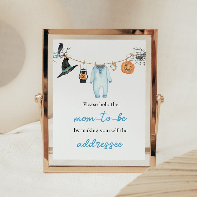 Blue Little Boo Halloween Envelope Station Poster (Halloween Baby Clothes Baby Shower Envelope Station Sign)