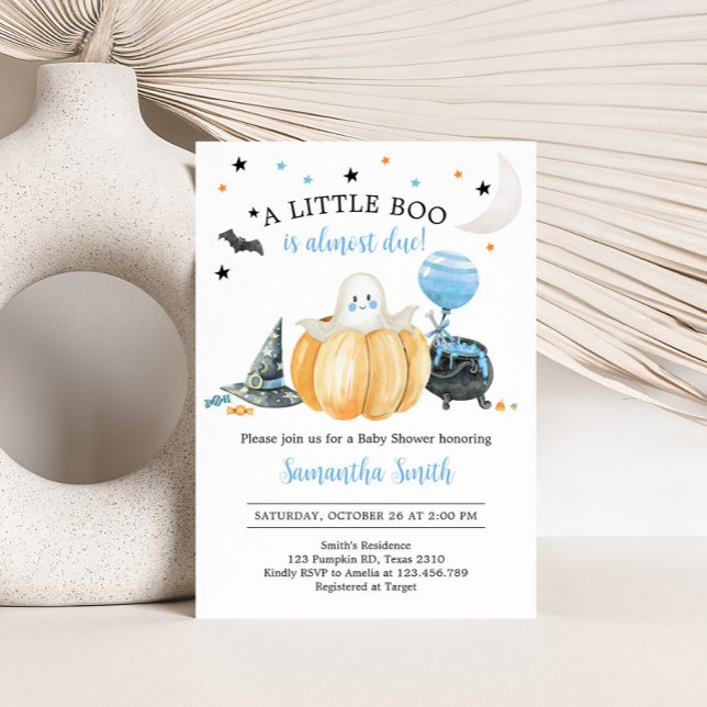 Blue Little Boo Pumpkin Halloween Baby Shower Invitation (Pumpkin Halloween Baby Shower Invitation)