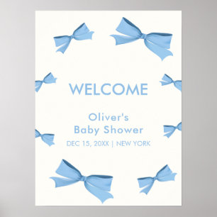 Blue Little Bow Frame Boy Baby Shower Welcome Poster