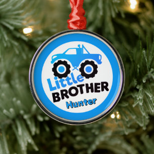 Blue Little Brother Monster Truck Custom Name Metal Ornament
