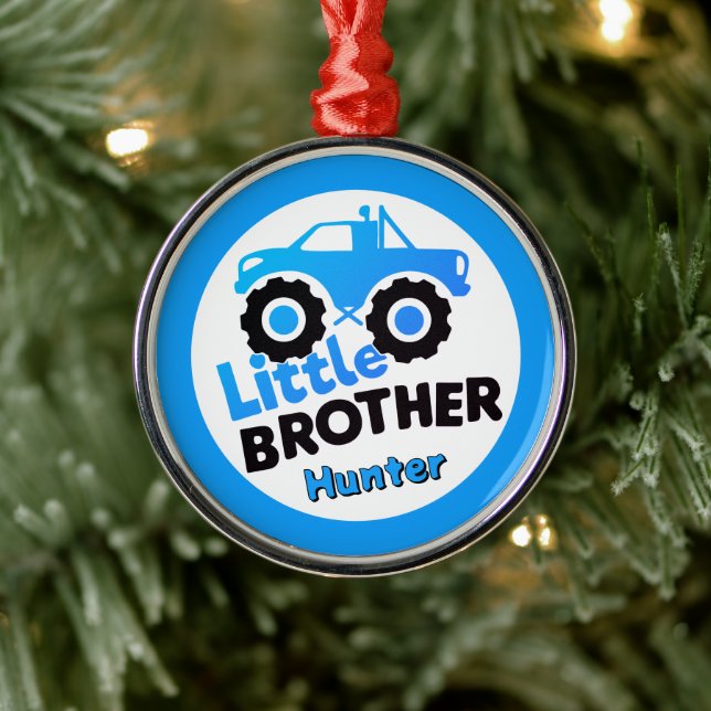 Blue Little Brother Monster Truck Custom Name Metal Ornament (Tree)