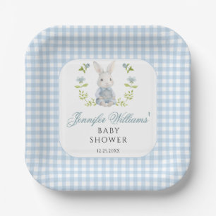 Blue Little Bunny Boy Gingham Boho Baby Shower Paper Plate