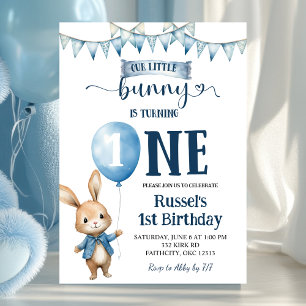 Blue Little Bunny First Birthday Invitation