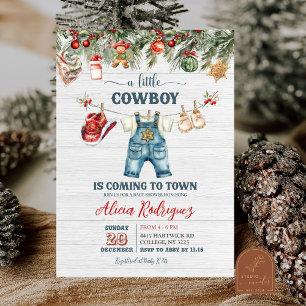 Blue Little Cowboy Western Holiday Baby Shower Invitation