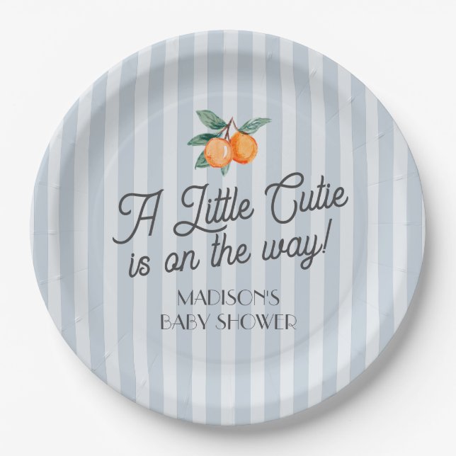 Blue Little Cutie On The Way Citrus Baby Shower Paper Plate (Front)