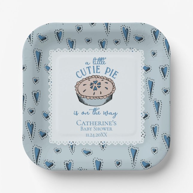 Blue Little Cutie Pie Autumn Baby Boy Shower Paper Plate (Front)