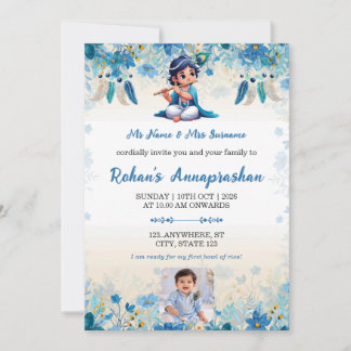 Blue Little Krishna Annaprashan Photo Invitation