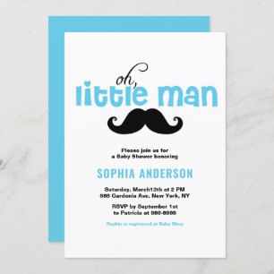 Blue Little Man Moustache Baby Shower Invitation