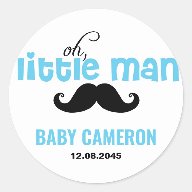 Blue Little Man Moustache Baby Shower Sticker (Front)