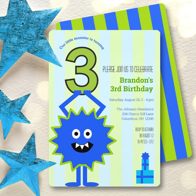  Blue Little Monster 3rd Birthday Boy Fun Cute Invitation (Creator Uploaded)