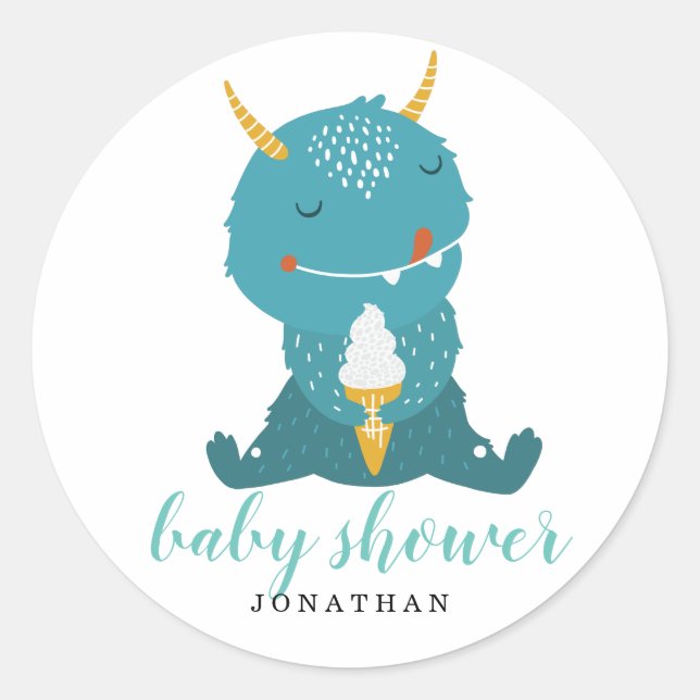 Blue Little Monster baby shower Classic Round Sticker (Front)