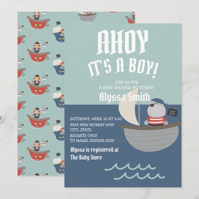 Blue Little Pirate Baby Boy Baby Shower Invitation (Front/Back)