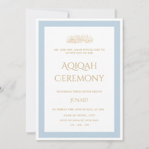 Blue Little Prince Minimal Gold Aqiqah Ceremony Invitation